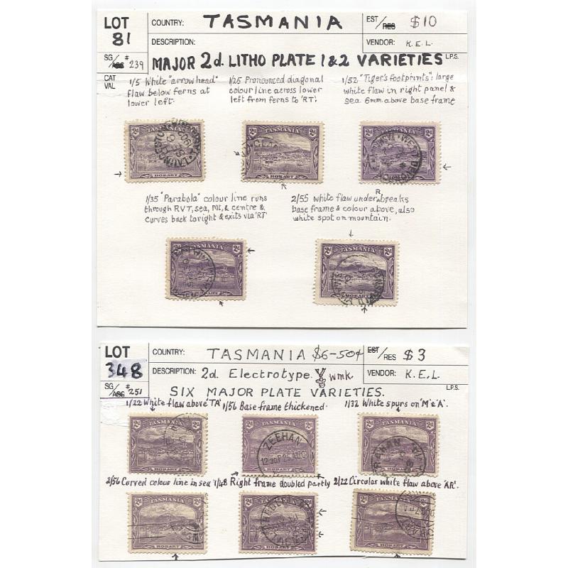 (TY10047) TASMANIA · 'untouched' auction lots prepared by Keith Lancaster 30 years ago housing 2d Pictorials with Plate 1 VARIETIES identified including MAJOR types ...... see largest images - 29 stamps - see full description (3 images)