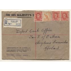 (TY10053) AUSTRALIA · TASMANIA  1945: registered cover from HOBART COAST ARTILLERY mailed at South Arm to Anglesea Barracks, Hobart · excellent condition (2 images)