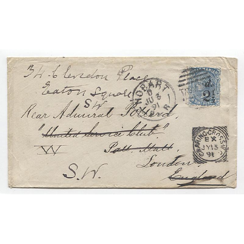 (TY10056) TASMANIA · 1891: small cover to London bearing single 2½d on 9d blue QV S/face franking tied by a Hobart duplex cancel · some peripheral wear however the envelope is clean and intact