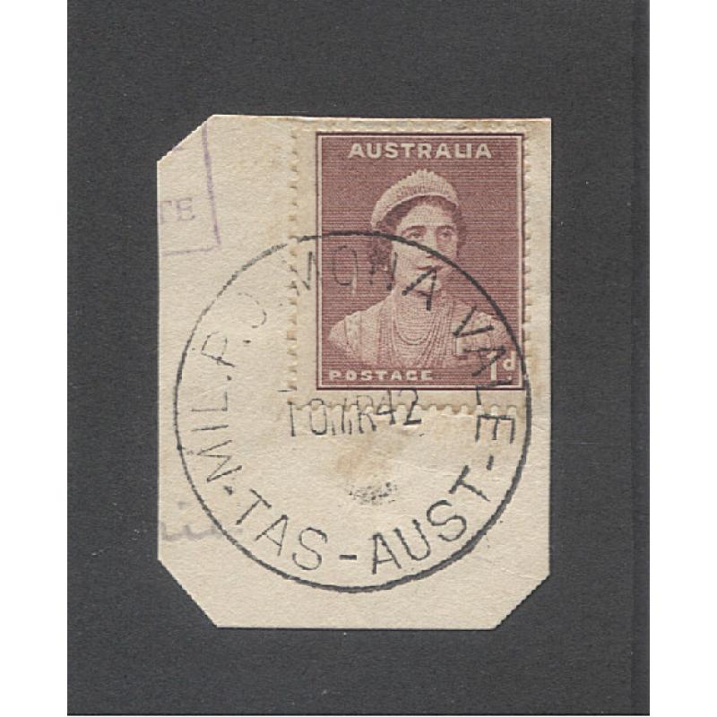 (TY10057) TASMANIA · 1942: a full clear example of the MIL. P.O. MONA VALE Type 5 cds on a small envelope clipping · postmark is rated 4R