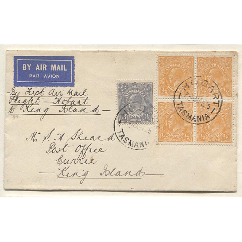 (TY10062) AUSTRALIA · TASMANIA · 1935 (Feb 4th): small cover carried on 1st HOBART to KING ISLAND air mail flight  by Holyman Airways AAMC # 490 · Currie arrival b/s · nice condition front & reverse