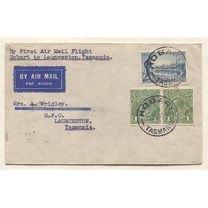 (TY10064) AUSTRALIA · 1934 (Oct 1st): neat cover carried on the first air mail flight from Hobart to Launceston by Holyman Airways AAMC #425 · INQUIRY COUNTER LAUNCESTON arrival b/stamp · overall excellent condition  · c.v. AU$80 (2 images)