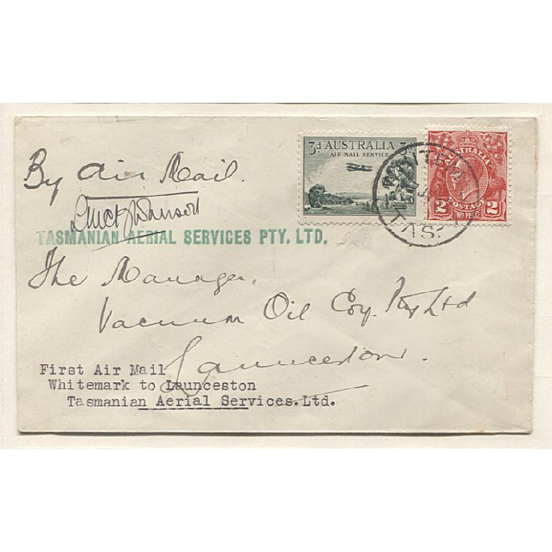 (TY10065) AUSTRALIA · 1932 (June 7th): attractive cover carried on 1st flight by Tasmanian Aerial Services from Whitemark (Flinders Island) to Launceston AAMC #268 · fine condition · signed by pilot · c.v. AU$100