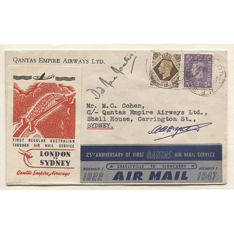 (TY10075) AUSTRALIA · 1947: QANTAS souvenir cover carried on 1st Through Air Mail Service London / Sydney AAMC #1125 · both flight vignettes and signed by pilots · nice clean condition · arrival b/stamp