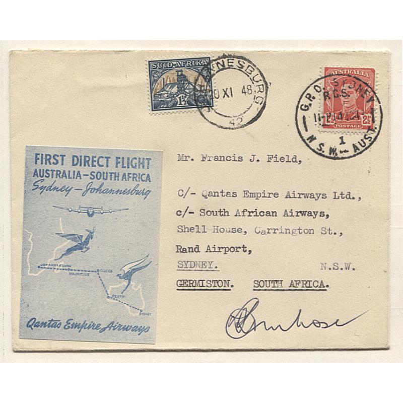 (TY10076) AUSTRALIA · 1948: QANTAS unofficial souvenir cover carried Sydney / South Africa on 1st SURVEY FLIGHT · vignette affixed AAMC #1193 · signed by pilot · VF condition