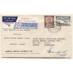(TY10078) AUSTRALIA · 1953 (Nov 20th): souvenir cover carried on return first QANTAS regular air mail service Sydney / Bangkok with 30th anniversary vignette AAMC #1332 · signed by pilot · QANTAS poster stamp on back (2 images)