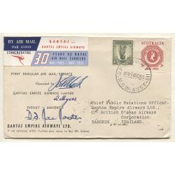 (TY10079) AUSTRALIA · 1953 (Nov 14th): souvenir cover carried on first QANTAS regular air mail service Sydney / Bangkok with 30th anniversary vignette AAMC #1331 · signed by pilot et al · QANTAS / B.O.A.C. poster stamp on back (2 images)