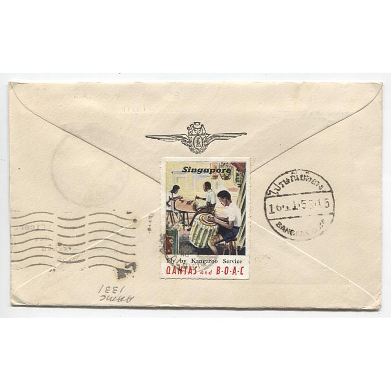(TY10079) AUSTRALIA · 1953 (Nov 14th): souvenir cover carried on first QANTAS regular air mail service Sydney / Bangkok with 30th anniversary vignette AAMC #1331 · signed by pilot et al · QANTAS / B.O.A.C. poster stamp on back (2 images)