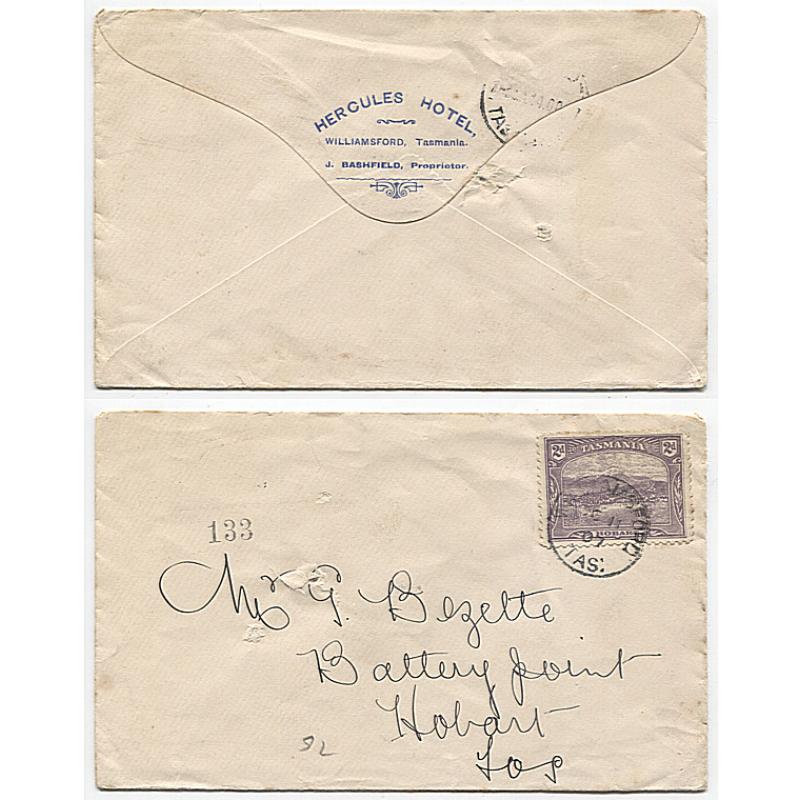 (TY10080) TASMANIA · 1907: envelope from the HERCULES HOTEL at WILLIAMSFORD mailed from there to a Tattersall agent in Hobart · usual filing holes but the overall condition is very good