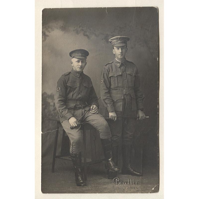 (TY10081) TASMANIA · c.1915: real photo card by J.W. Beattie featuring a portrait of 2 members of a FIELD AMBULANCE UNIT · some imperfections so please see the full description