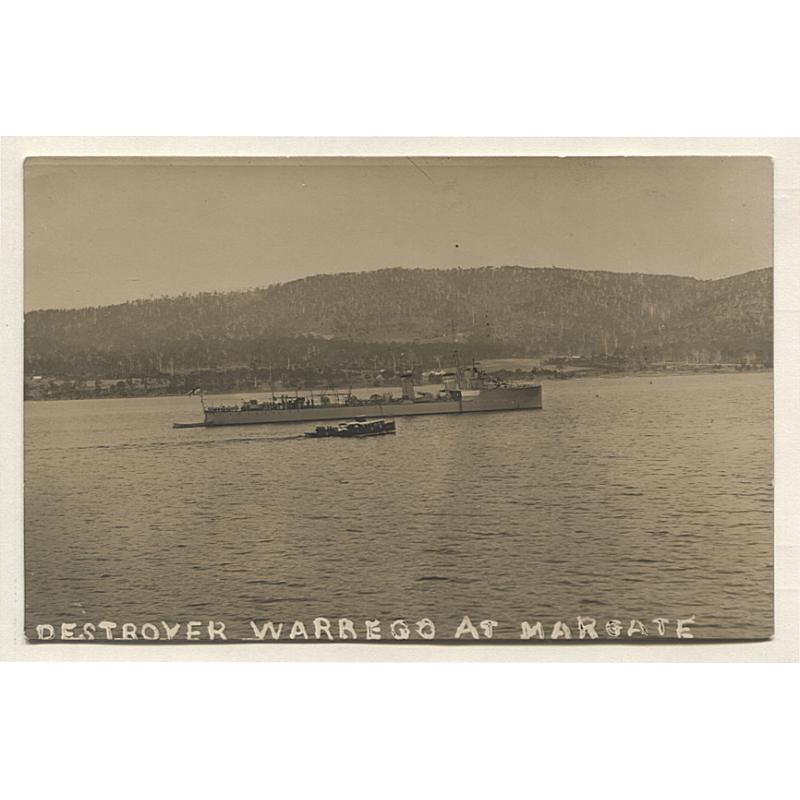 (TY10082) TASMANIA · 1914: real photo card w/view of the (TORPEDO BOAT) DESTROYER "WARREGO" AT MARGATE · message on verso but not postally used · fine condition · rare view/card!