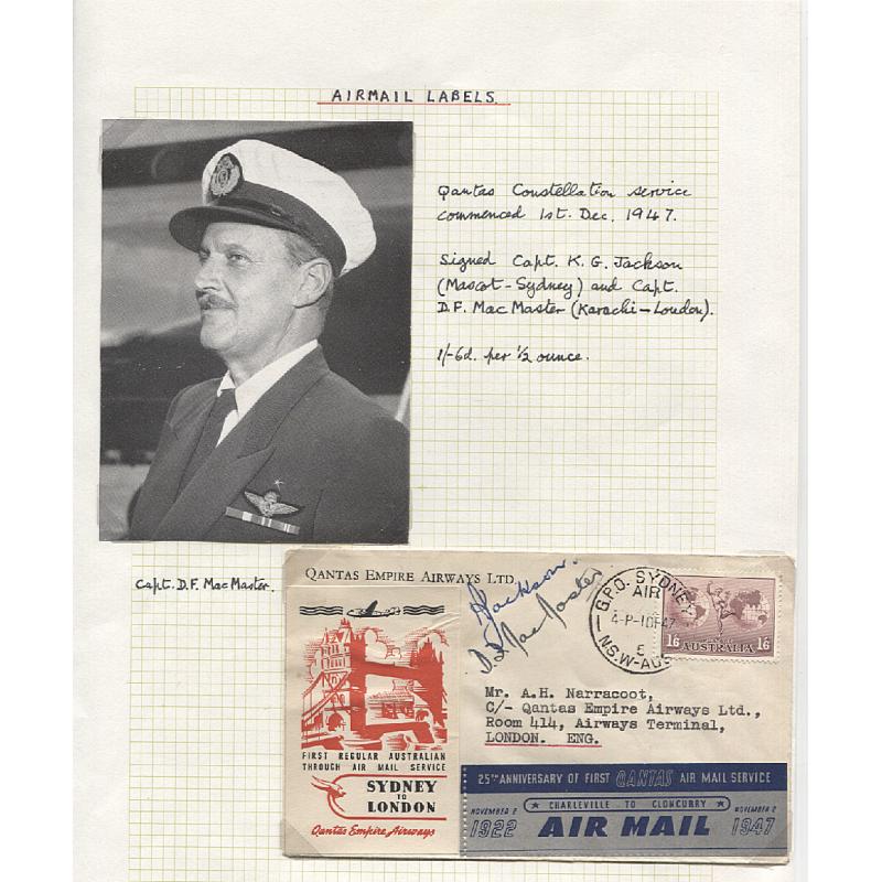(TY10085L) AUSTRALIA · 1947: QANTAS souvenir cover carried on 1st Through Air Mail Service Sydney/London AAMC #1124 · both flight vignettes and signed by pilots · nice clean condition