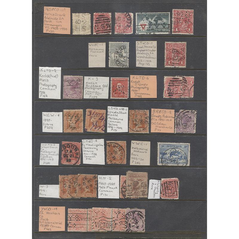 (TY10087L) AUSTRALIA · 2 Hagners housing a duplicated assembly of PRIVATE PERFINS mainly on Roos/KGV defins or earlier VIC and NSW issues · mixed condition · most identified by vendor · a few scarcer items noted · 75+ items (2 images)