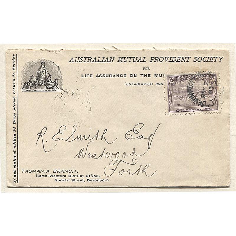 (TY19998) TASMANIA · 1907: advertising cover from North-Western Branch of AUSTRALIAN MUTUAL PROVIDENT SOCIETY · mailed from Devonport to Forth · nice condition