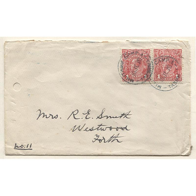 (TY19997) TASMANIA · 1916: two strikes of the MILITARY CAMP 1 Type 2b in blue-black ink on a cover mailed to FORTH