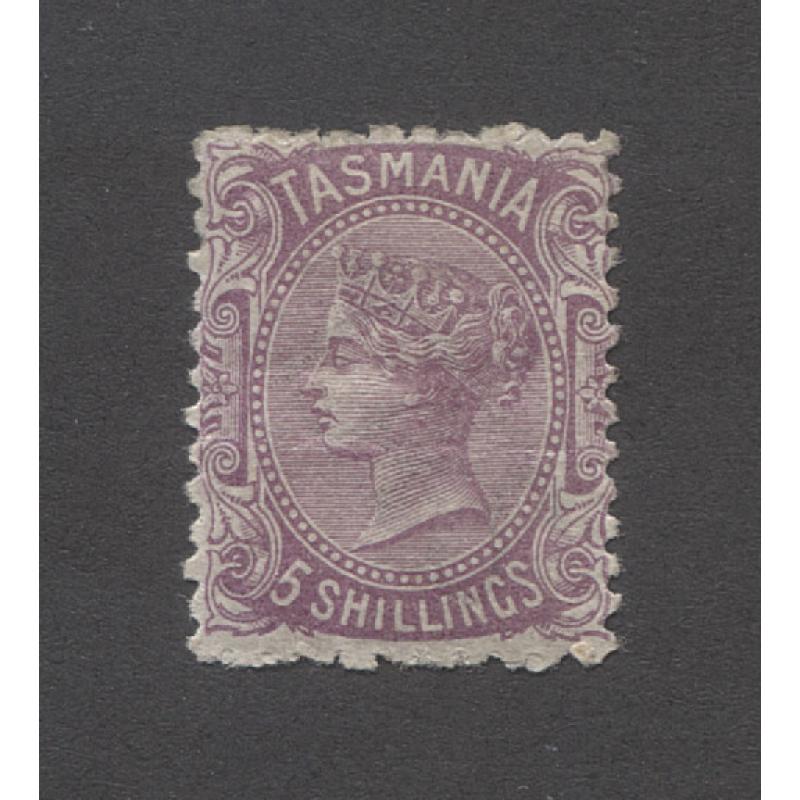 (TY10100) TASMANIA · 1871: mint 5/- mauve QV S/face perf.11½ SG 149b · some minor gum shrinkage; clean hinge remnant · a very collectable example with a c.v. of £325 (2 images)