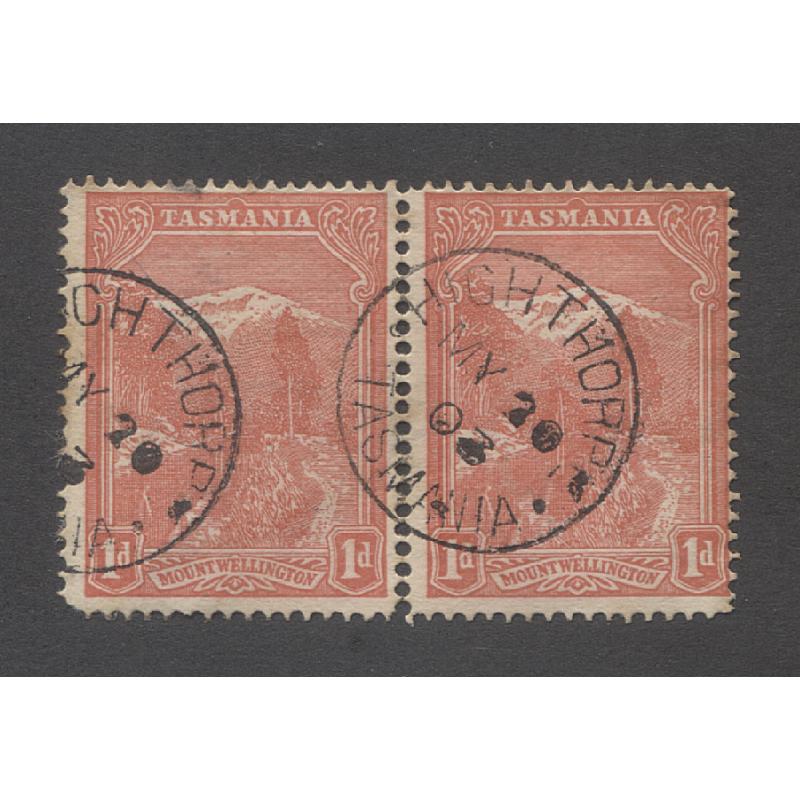 (TY10101) TASMANIA · 1903: a full and unusually crisp impression of the HIGHTHORPE Type 1 cds on a pair of 1d Pictorial · postmark is rated R-(7*)