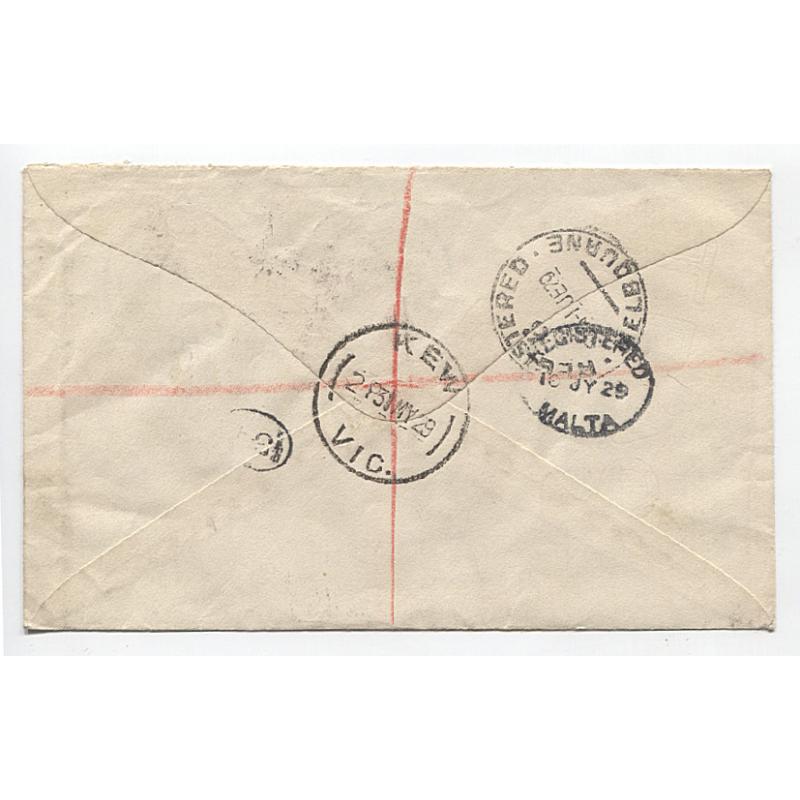 (TY10103) AUSTRALIA · 1929: registered cover to MALTA mailed at Kew (VIC) and carried on the 1st Adelaide / Perth Air Mail Flight AAMC #136 · an attractive cover in very nice condition · unusual destination for era (2 images)