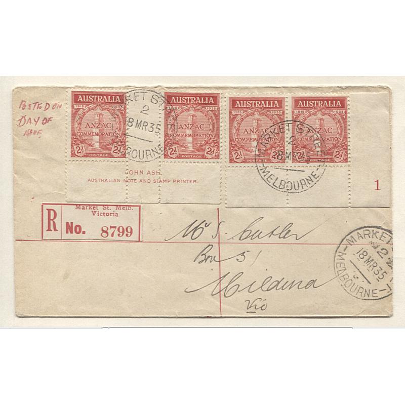 (TY10105) AUSTRALIA · 1935 (March 18th): 2d Anzac Imprint and Plate No.1 pairs on a registered plain envelope FDC mailed at Market St. Melb. (red reg. label) · not quite pristine but overall condition is still excellent