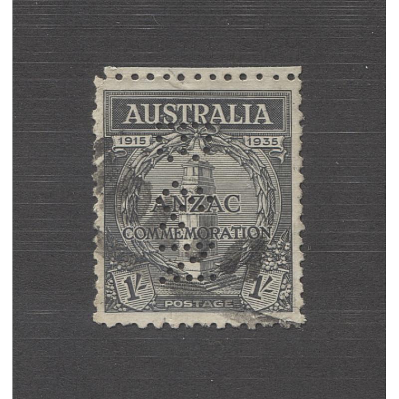 (TY10106) AUSTRALIA · c.1935: commercially used 1/- black Anzac bearing "B & N" private perfin used by Buckley & Nunn (Melbourne drapers) · vendor states this is Type B&N.15 which is rated R (2 images)