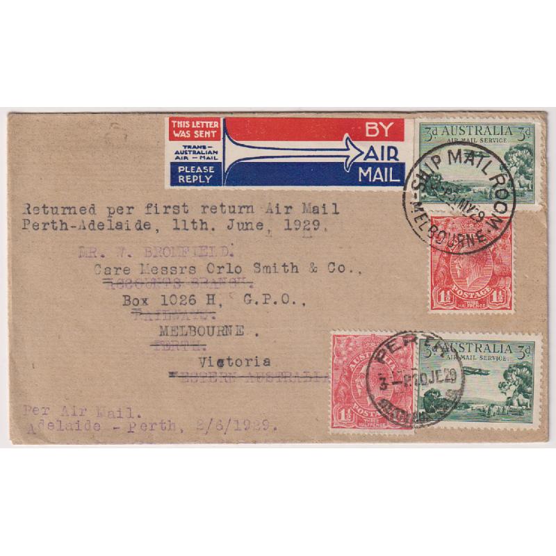 (TY10106) AUSTRALIA · 1929: "Orlo Smith" souvenir cover carried on Adelaide/Perth air mail flight and returned on "second flight" · "boomerang" covers not listed in AAMC · fine condition