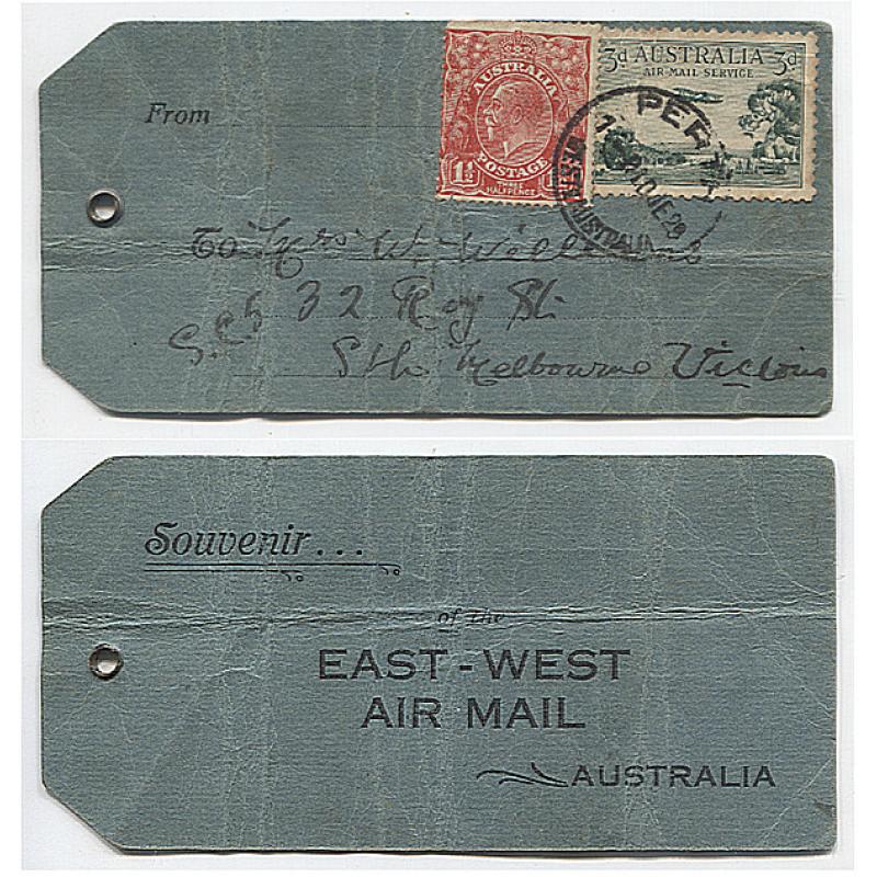 (TY10110) AUSTRALIA · 1929: souvenir PARCEL TAG carried on the second EAST - WEST AIR MAIL flight AAMC #138 arriving at Perth on  June 10th · some wear but quite displayable and an uncommon item