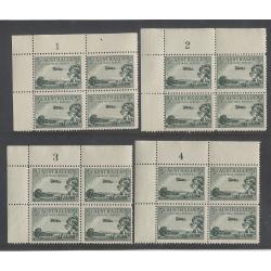 (TY10111) AUSTRALIA · 1929: MNH Plate Blocks of the Type A 3d dull green Air Mail Service BW 134 za, zb, zc, zd · c.v. AU$175 per block · see full description (2 images)