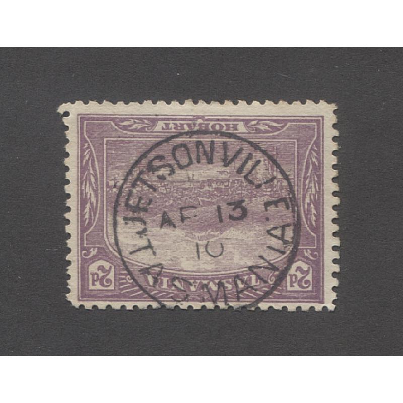 (TY10112) TASMANIA · 1910: an excellent example of the JETSONVILLE Type 1 cds on a 2d Pictorial · postmark is rated R-(7)