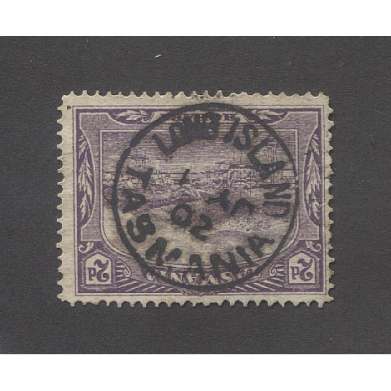 (TY10116) TASMANIA · 1902: an outstanding example of the LONG ISLAND Type 1 cds on a 2d Pictorial · I have never seen a better strike · postmark is rated RRR+(15)