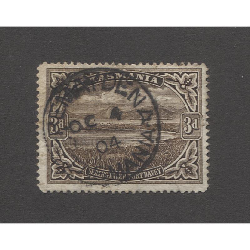 (TY10123) TASMANIA · 1904: a full impression of the PREMAYDENA Type 1 cds on a 3d Pictorial · postmark is rated S+(6*) and is much scarcer still on this stamp