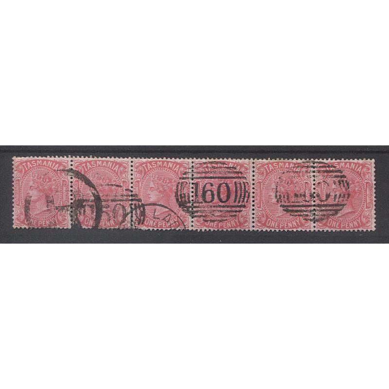 (TY10136) TASMANIA · 1890s: a strip of 6x 1d QV S/faces bearing 3 strikes of BN160 used at LADY BAY · also partial strike of cds · canceller is rated R and "ties" are much scarcer