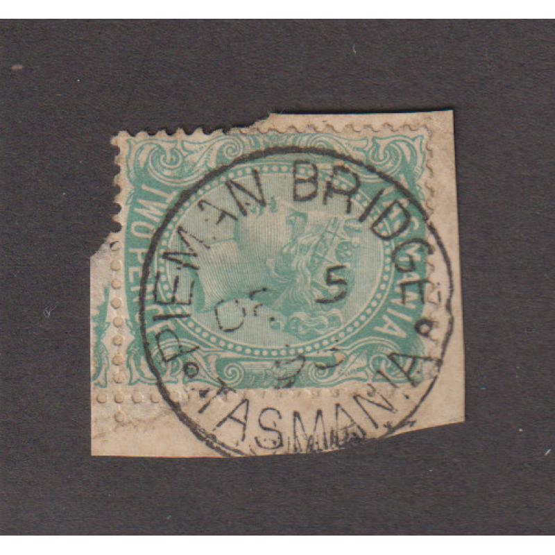 (TY1015) TASMANIA · 1898: a very clear and nearly complete example of the PIEMAN BRIDGE Type 1 cds on a 2d QV S/face franked piece · postmark is rated 3R