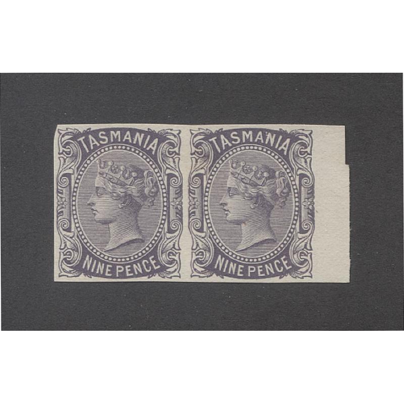 (TY10151) TASMANIA · 1871: Die Proof imperf pair of 9d QV S/face printed in violet on un-watermarked paper (rare thus) · fine condition (2 images)
