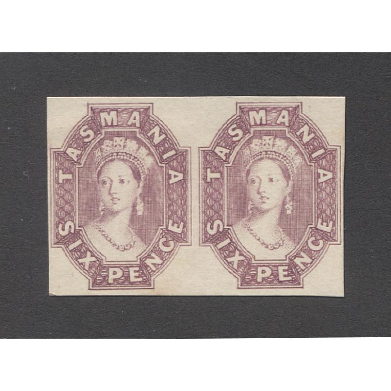(TY10152) TASMANIA · 1889: SPECIMEN imperf pair of 6d red-lilac QV Chalons printed on ungummed thin white card for UPU distribution · fine condition (2 images)