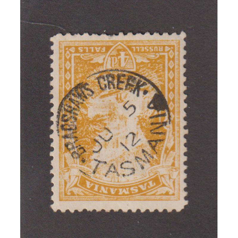 (TY1021) TASMANIA · 1912: an excellent strike of the BRADSHAWS CREEK on a 4d Pictorial · postmark is rated S(5*) and is scarcer still on this stamp