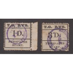 (TY1036) TASMANIA · 1901: used 1d & 3d T.G. RYS. Newspaper Stamps Craig & Ingles 1302, 1304 · the 3d value has a tear and there are some other imperfections but overall they are quite collectable examples (2)