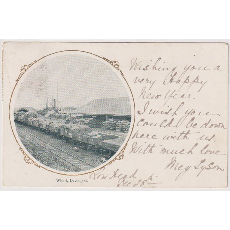 (TY1037) TASMANIA · 1905: postally used undivided back card with view WHARF DEVONPORT · a scarce card in excellent condition.... see full description