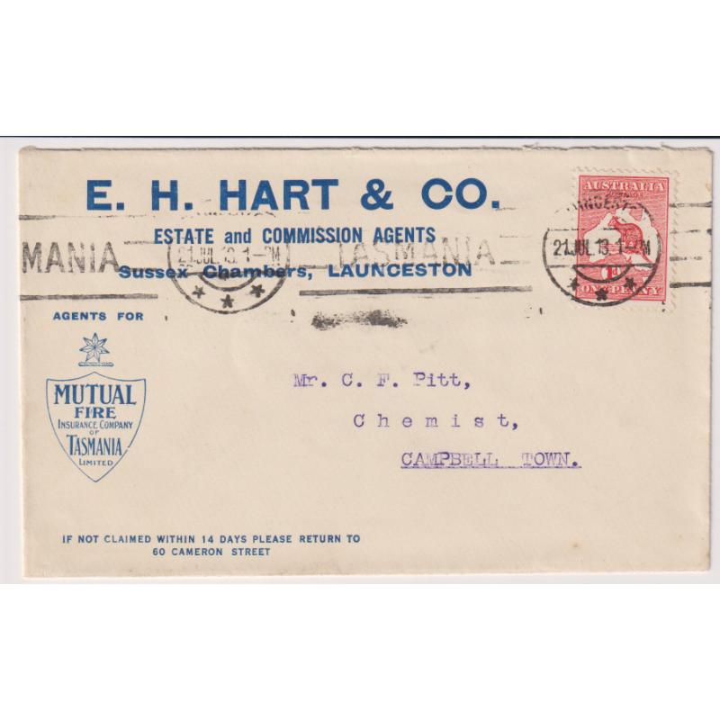 (TY1039) TASMANIA · 1913: 1d Roo franked commercial cover ex E.H. Hart & Co. Launceston with advertising for the firm and Mutual Fire Insurance · fine condition