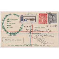 (TY1042) AUSTRALIA · 1935: Northern Stamp Company cacheted FDC with ANZAC commemorative issue mailed to G.B. by registered post at WOOLLOONGABBA on April 25th · fine condition (2 images)