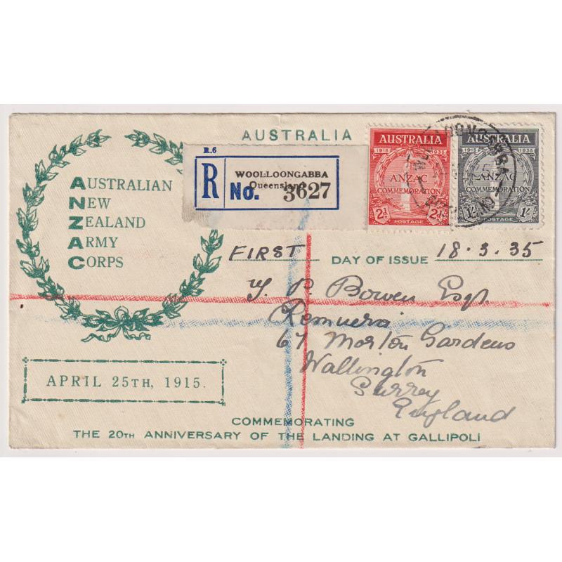 (TY1042) AUSTRALIA · 1935: Northern Stamp Company cacheted FDC with ANZAC commemorative issue mailed to G.B. by registered post at WOOLLOONGABBA on April 25th · fine condition (2 images)