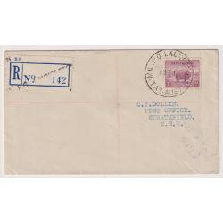 (TY1049) TASMANIA · 1940 (Feb 19th): regd cover with clear strikes front/back of the MIL. P.O. LAUNCESTON Type 5 cds · provisional label with h/stamped office name · excellent condition · postmark rated 3R
