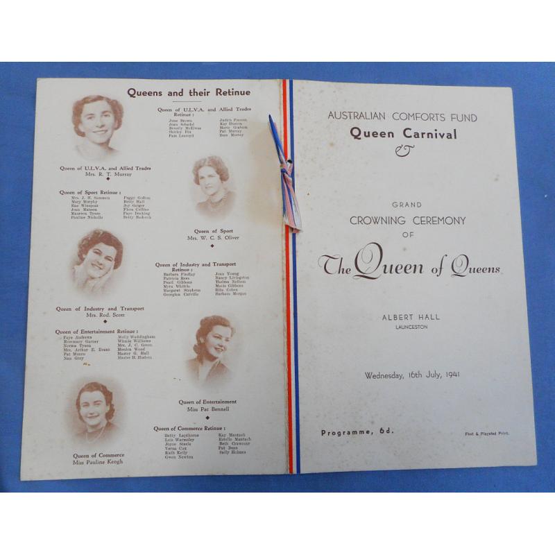 (TY1050L) TASMANIA · 1941: souvenir program for the Australian Comfort Fund CROWNING CEREMONY of THE QUEEN OF QUEENS at the Albert Hall, Launceston · condition as per largest images