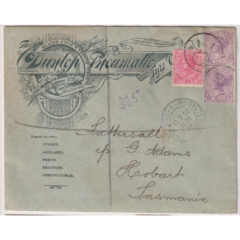 (TY1058) VICTORIA · 1901: attractive DUNLOP PNEUMATIC advertising cover to Tattersall, Hobart registered at Melbourne · arrival b/stamp · see full description