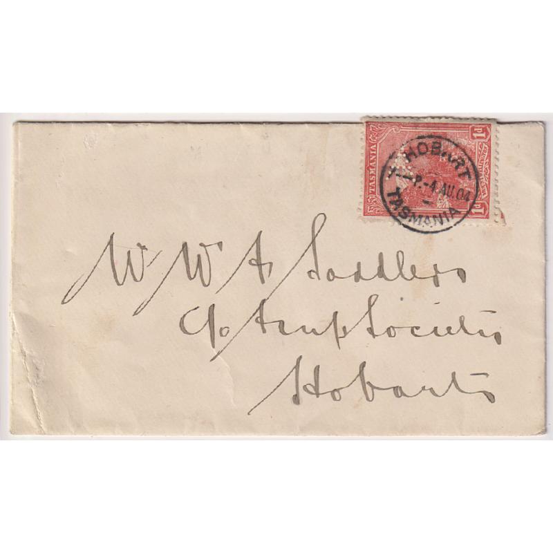 (TY1059) TASMANIA · 1904: small cover mailed locally at Hobart bearing single 1d Pictorial franking with a Type 2 'A' perfin used by Tattersall · see full description