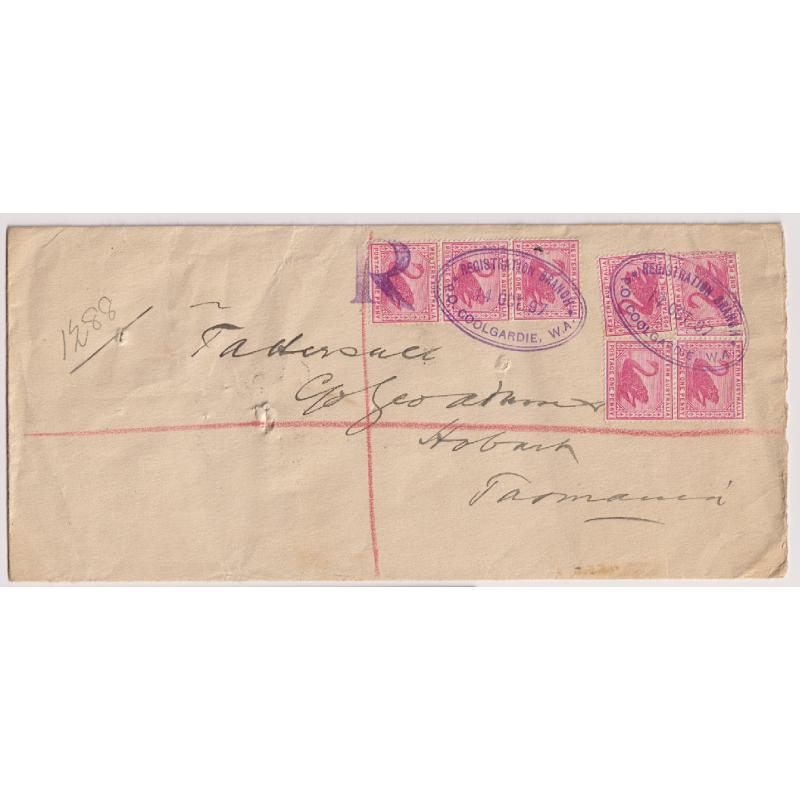 (TY1067L) WESTERN AUSTRALIA · 1897: legal size envelope mailed to Tattersall, Hobart with two full clear strikes of the oval REGISTRATION BRANCH P.O. COOLGARDIE datestamp · see full description