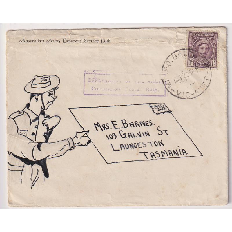 (TY1070) AUSTRALIA · 1945: uncensored concessional rate cover mailed to Tasmania by a serviceman at BALCOMBE (VIC) · hand-illustrated · some faults but quite displayable