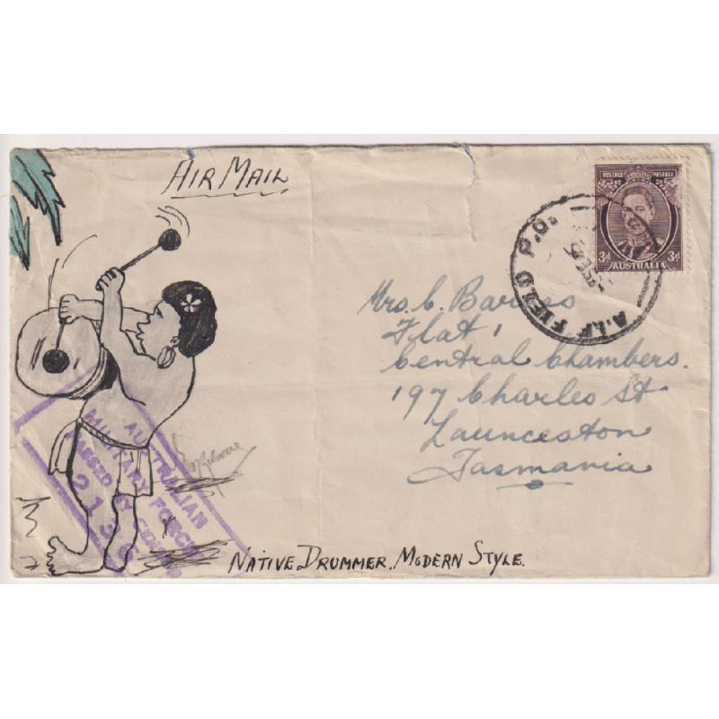 (TY1073) AUSTRALIA · 1945: censored air mail cover to Tasmania from serviceman on active duty with colour illustration NATIVE DRUMMER MODERN STYLE · some faults however the overall condition is VG to excellent