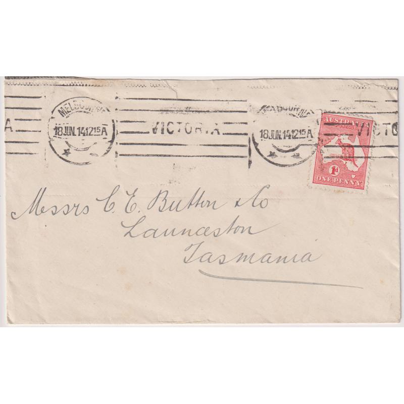 (TY1075) AUSTRALIA · 1914: small commercial cover to TAS with single 1d Roo franking bearing Beath, Schiess & Felstead Co. perfin - not well punched-out so type not easy to identify · stamp has unlisted variety