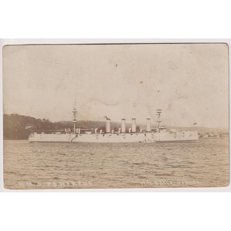 (TY1078) TASMANIA · 1907: a real photo card by H.H. Baily with a view of the H.M.S. POWERFUL on "Hobart Regatta duty" · postally used · overall condition is excellent