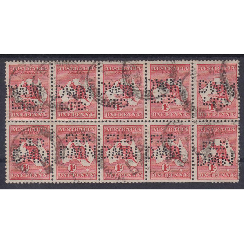 (TY1086) TASMANIA · 1913: a used block of 10x Die I 1d Roos bearing the DWM  LTD (D.W. Murray Ltd. Launceston) private perfin · some minor imperfections but sound to excellent condition overall · a very nice item for the perfin aficianado! (2 images)